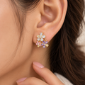 Women's Gold-Plated Flower Zircon Clip-On Earrings – No-Piercing Statement Earrings