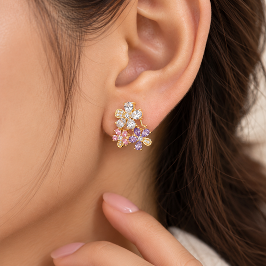 Women's Gold-Plated Flower Zircon Clip-On Earrings – No-Piercing Statement Earrings