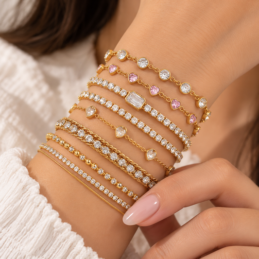 Pink Heart Diamond Bracelet – 18K Gold Plated Stainless Steel